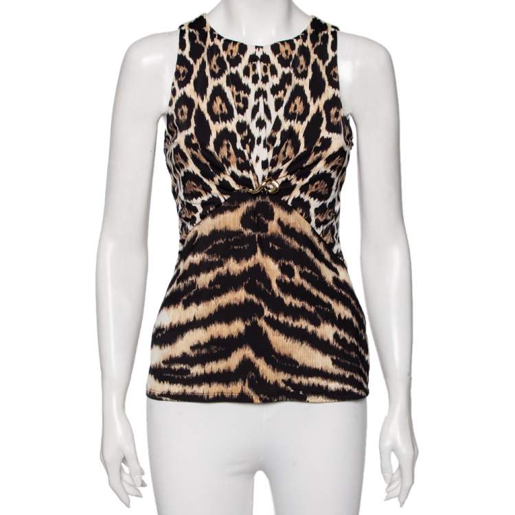 Pre Owned Roberto Cavalli Animal Print Jersey Gathered Detail Sleeveless Top M 
