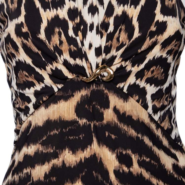 Pre Owned Roberto Cavalli Animal Print Jersey Gathered Detail Sleeveless Top M 