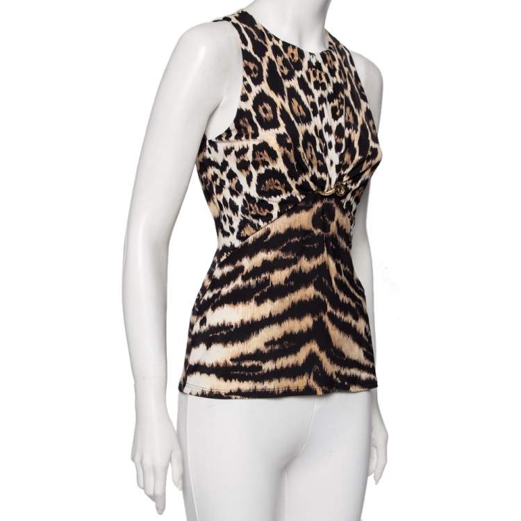 Pre Owned Roberto Cavalli Animal Print Jersey Gathered Detail Sleeveless Top M 