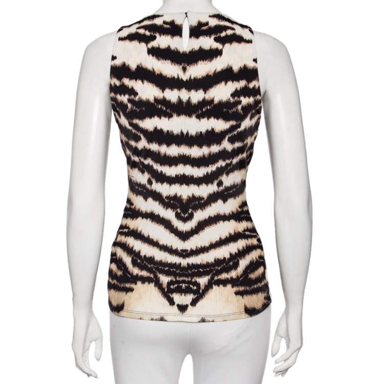 Pre Owned Roberto Cavalli Animal Print Jersey Gathered Detail Sleeveless Top M 