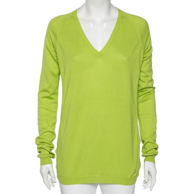 Pre Owned Roberto Cavalli Green Cashmere Knit & Silk Long Sleeve Top S