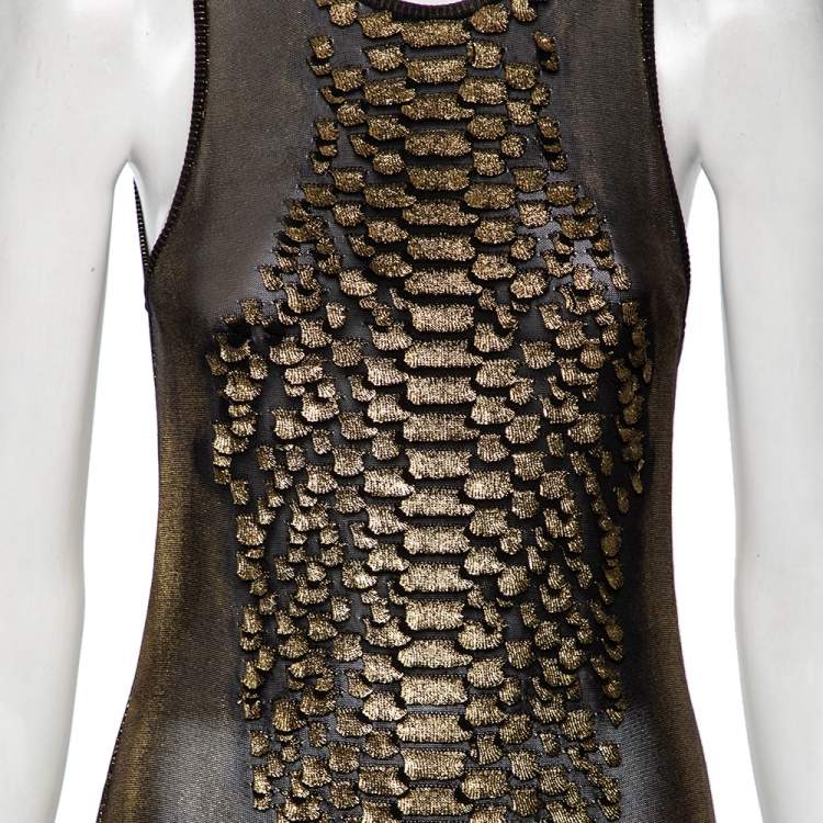 Pre Owned Roberto Cavalli Gold Scale Patterned Knit Short Dress M 