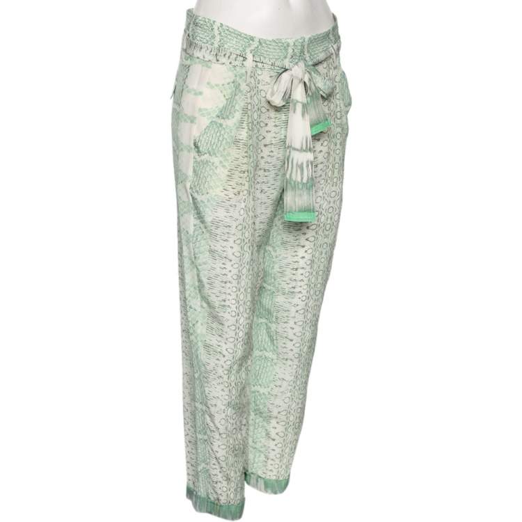 Pre Owned Roberto Cavalli Light Green Printed Silk Belted Trousers S