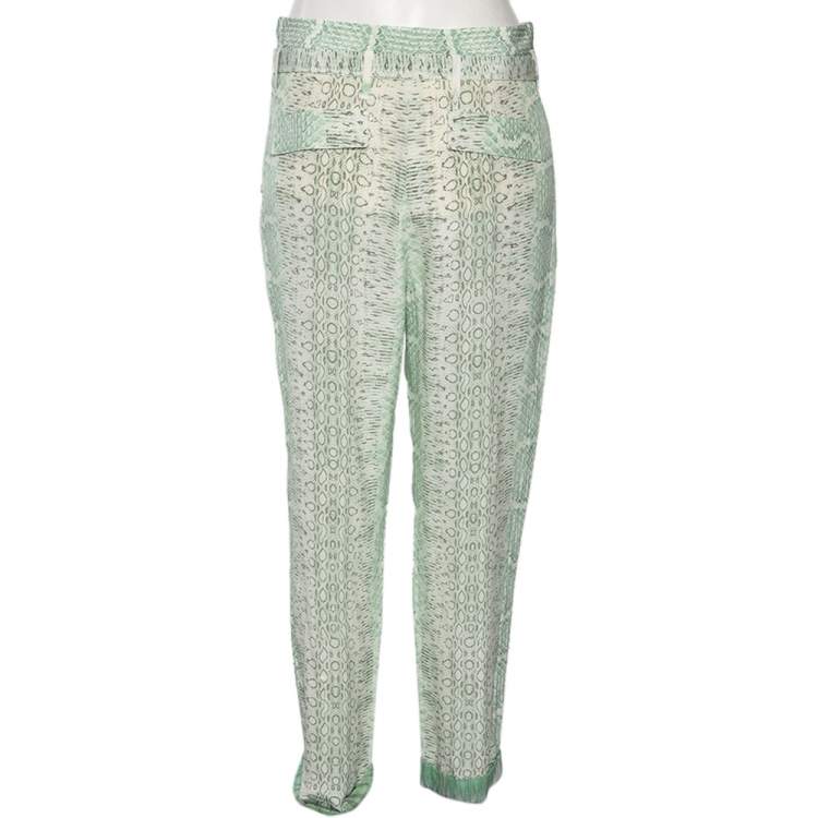 Pre Owned Roberto Cavalli Light Green Printed Silk Belted Trousers S