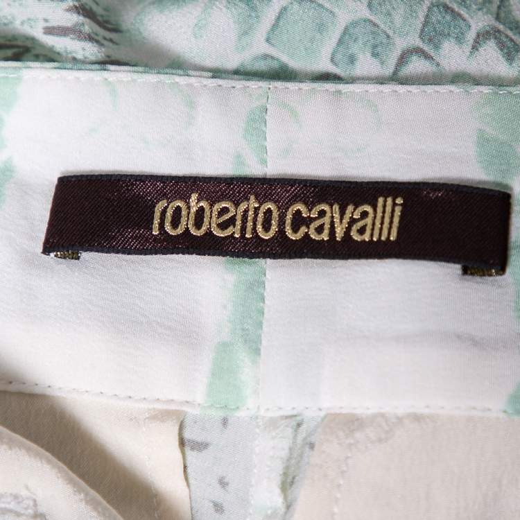 Pre Owned Roberto Cavalli Light Green Printed Silk Belted Trousers S