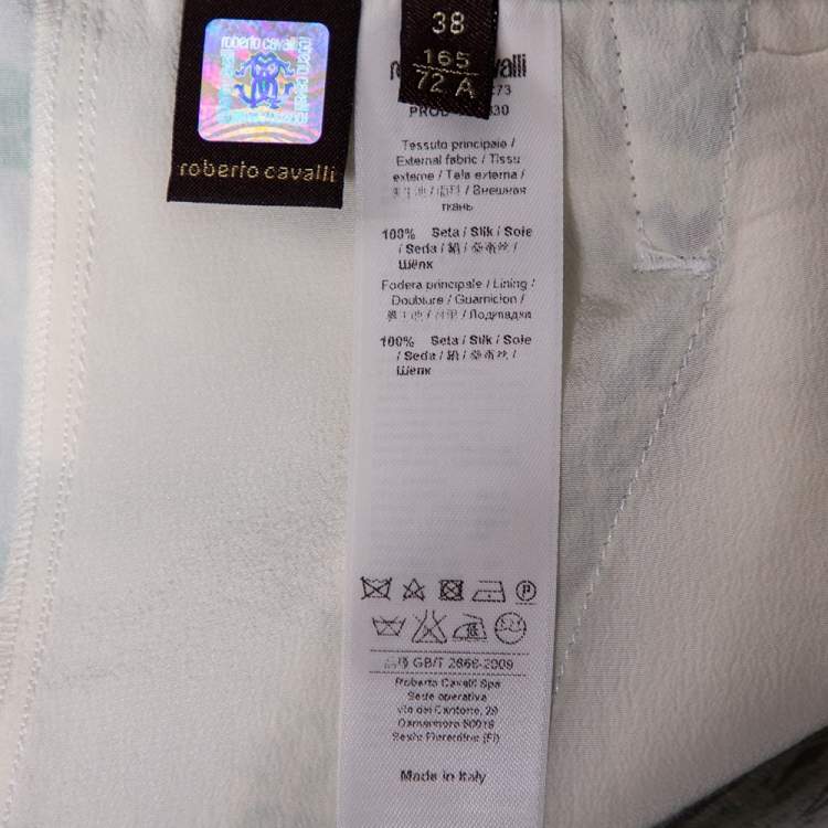 Pre Owned Roberto Cavalli Light Green Printed Silk Belted Trousers S