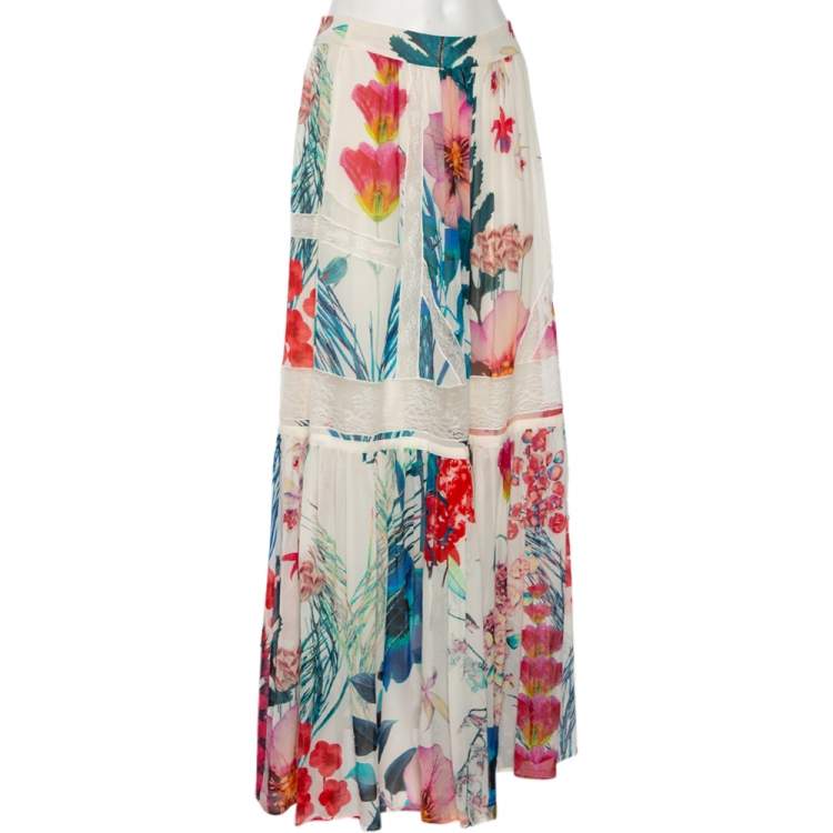 Pre Owned Roberto Cavalli Multicolored Floral Print Silk & Lace Trimmed Midi Skirt S 