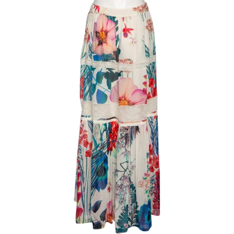 Pre Owned Roberto Cavalli Multicolored Floral Print Silk & Lace Trimmed Midi Skirt S 