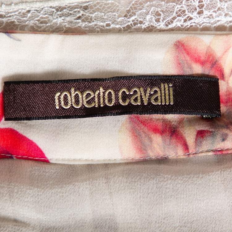 Pre Owned Roberto Cavalli Multicolored Floral Print Silk & Lace Trimmed Midi Skirt S 