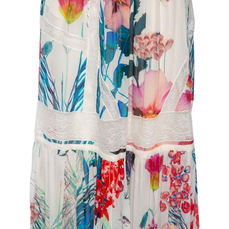 Pre Owned Roberto Cavalli Multicolored Floral Print Silk & Lace Trimmed Midi Skirt S 