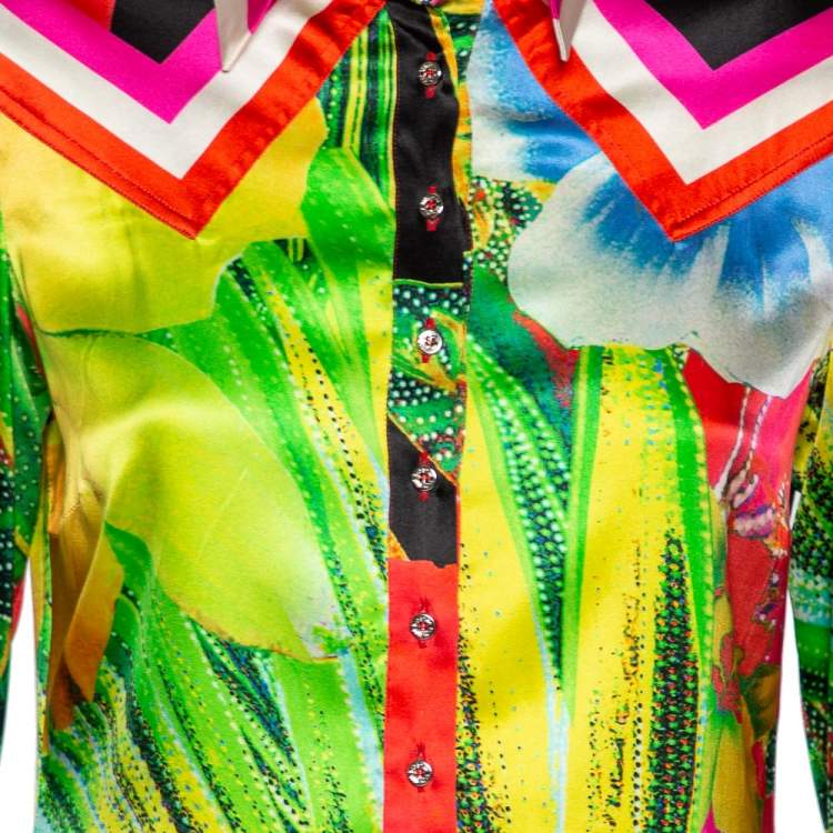 Pre Owned Roberto Cavalli Multicolor Printed Silk Shirt Dress S