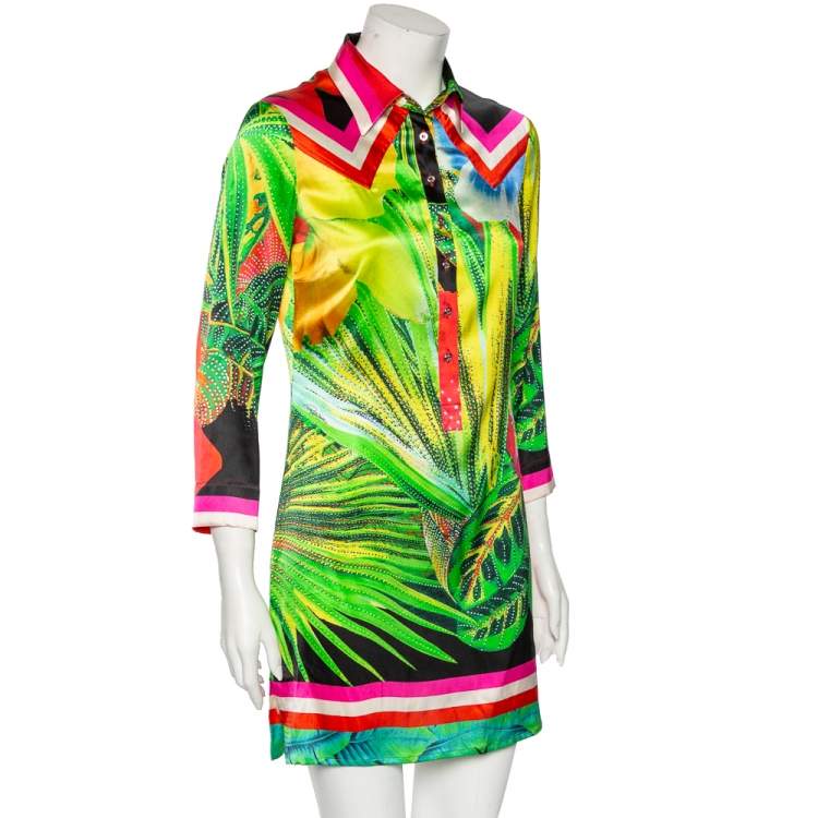 Pre Owned Roberto Cavalli Multicolor Printed Silk Shirt Dress S