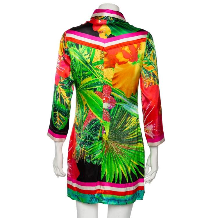 Pre Owned Roberto Cavalli Multicolor Printed Silk Shirt Dress S
