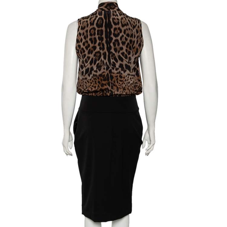 Pre Owned Roberto Cavalli Black & Animal Print Silk & Wool Sleeveless Dress M 