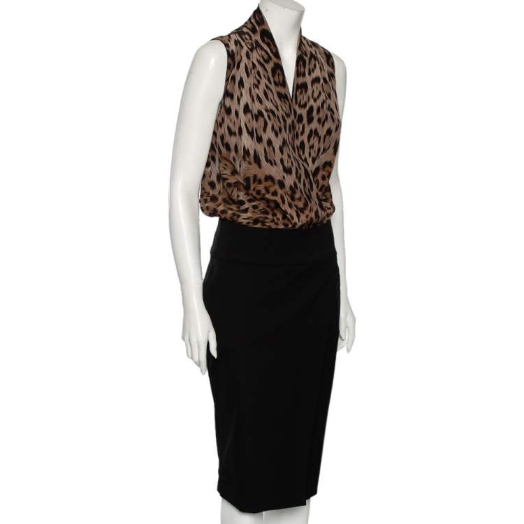 Pre Owned Roberto Cavalli Black & Animal Print Silk & Wool Sleeveless Dress M 