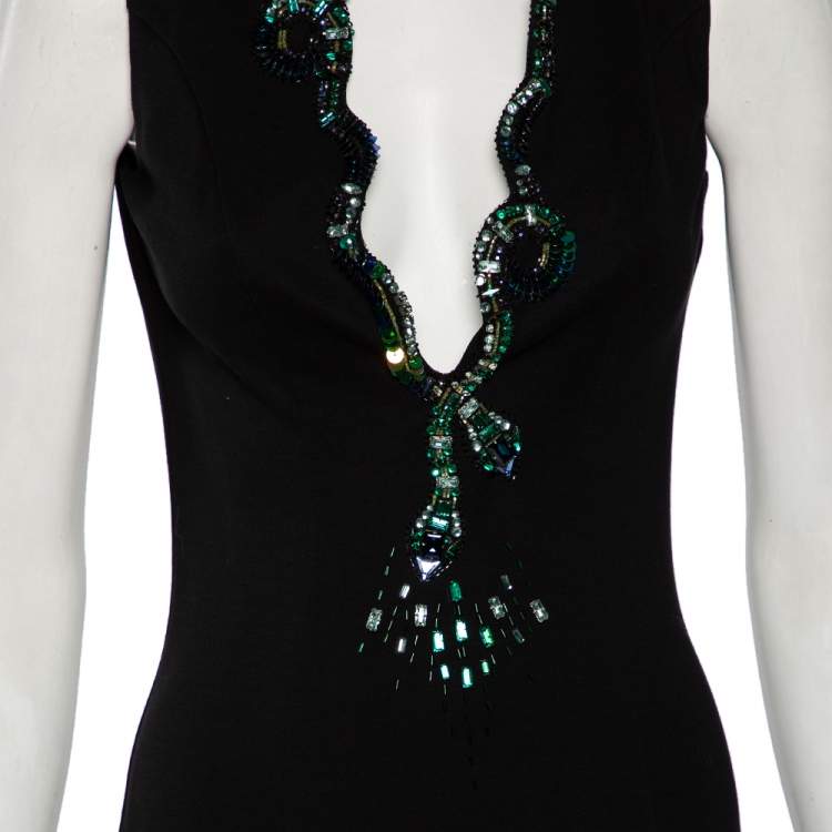 Pre Owned Roberto Cavalli Black Stretch Knit Embellished Plunge Neck Dress M 