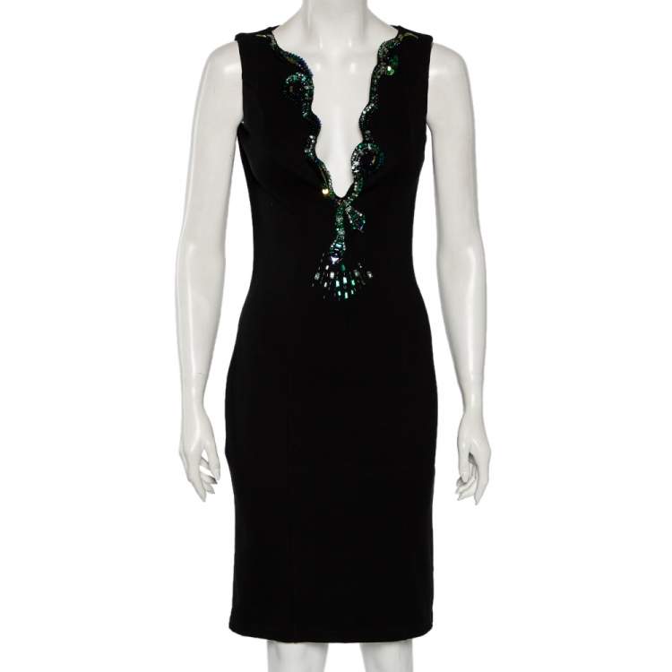 Pre Owned Roberto Cavalli Black Stretch Knit Embellished Plunge Neck Dress M 