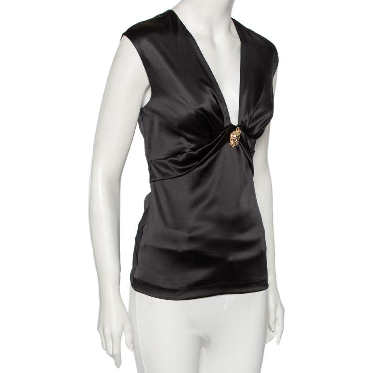 Pre Owned Roberto Cavalli Black Silk Plunge Neck Top M 