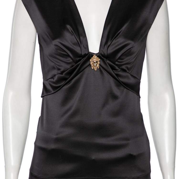 Pre Owned Roberto Cavalli Black Silk Plunge Neck Top M 