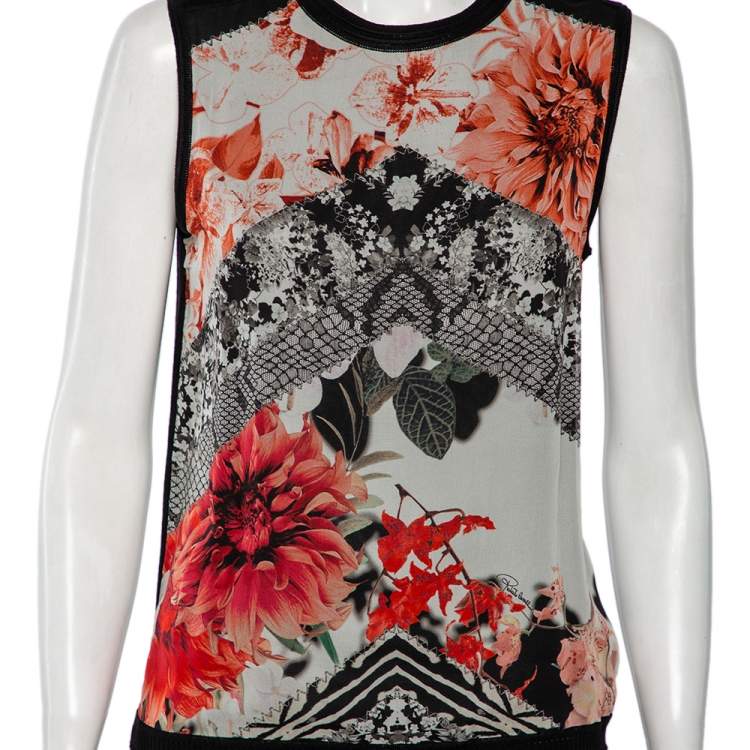 Pre Owned Roberto Cavalli Multicolor Printed Silk & Knit Sleeveless Top M