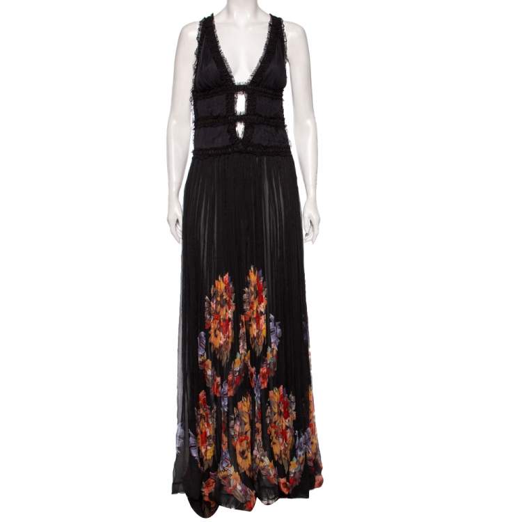 Roberto Cavalli Black Floral Printed Silk & Lace Trimmed Maxi Dress M ...