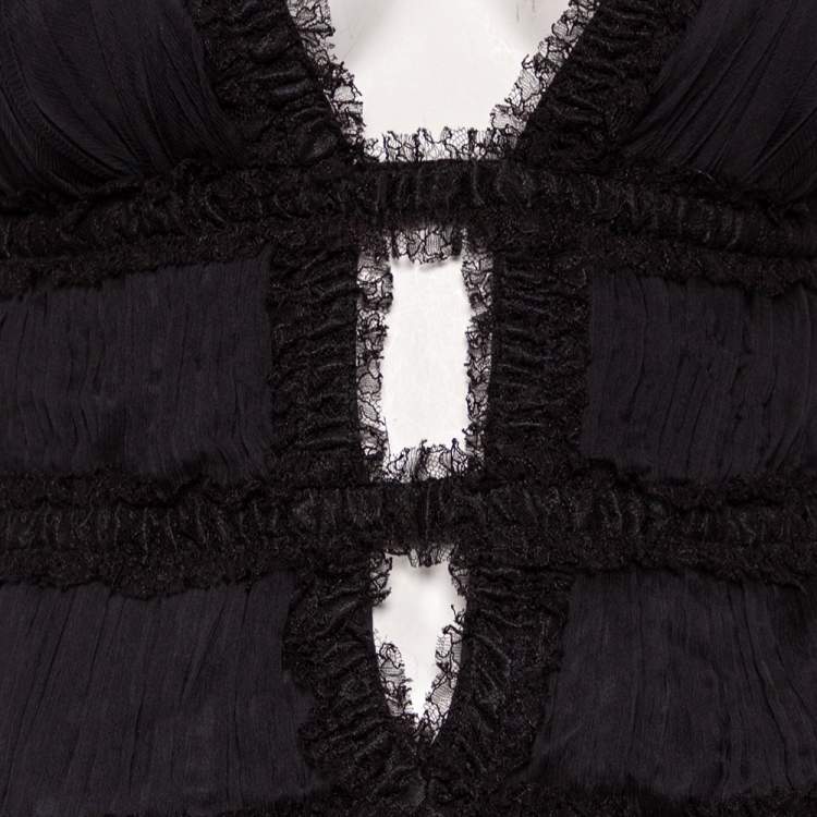 Pre Owned Roberto Cavalli Black Floral Printed Silk & Lace Trimmed Maxi Dress M