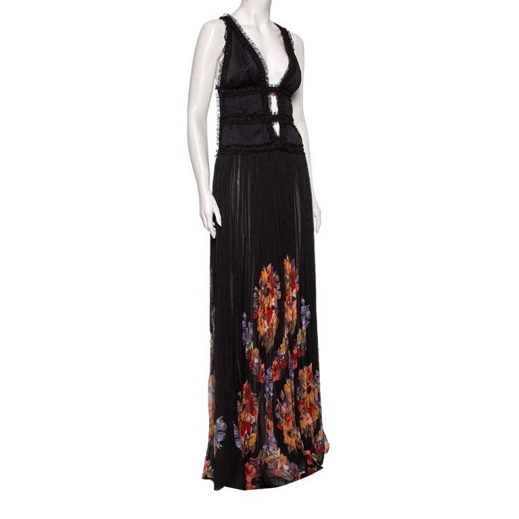 Pre Owned Roberto Cavalli Black Floral Printed Silk & Lace Trimmed Maxi Dress M