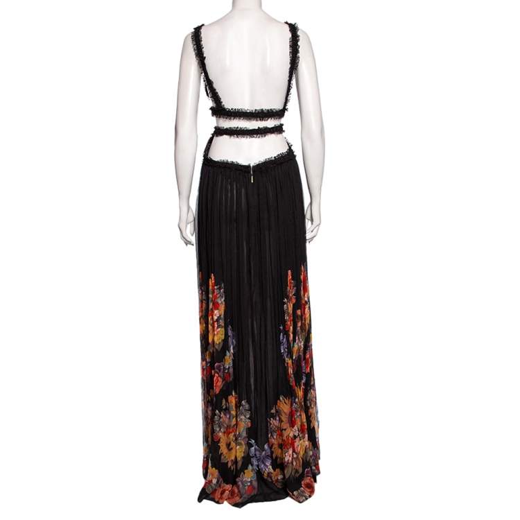 Pre Owned Roberto Cavalli Black Floral Printed Silk & Lace Trimmed Maxi Dress M