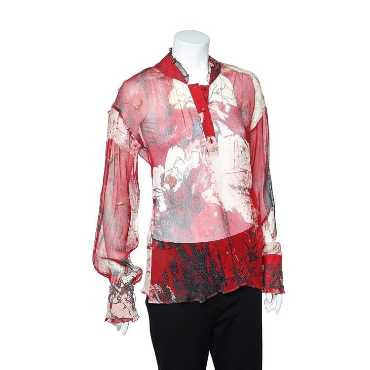 Pre Owned Roberto Cavalli Red Floral Silk Chiffon Long Sleeve Top M