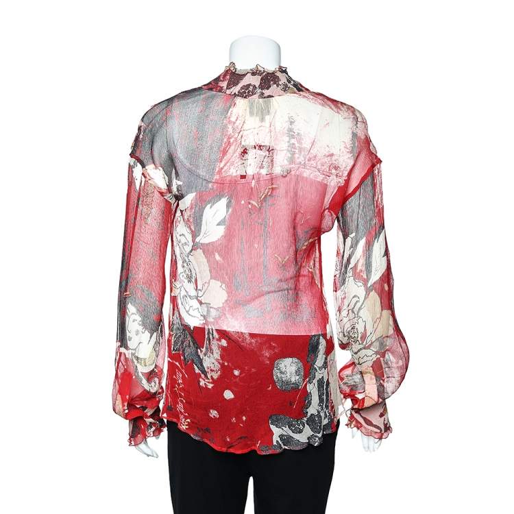 Pre Owned Roberto Cavalli Red Floral Silk Chiffon Long Sleeve Top M