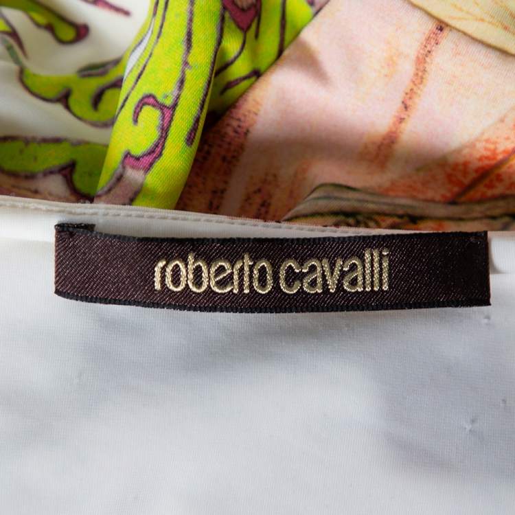 Pre Owned Roberto Cavalli Multicolored Printed Jersey Ruched Detail Maxi Dress M