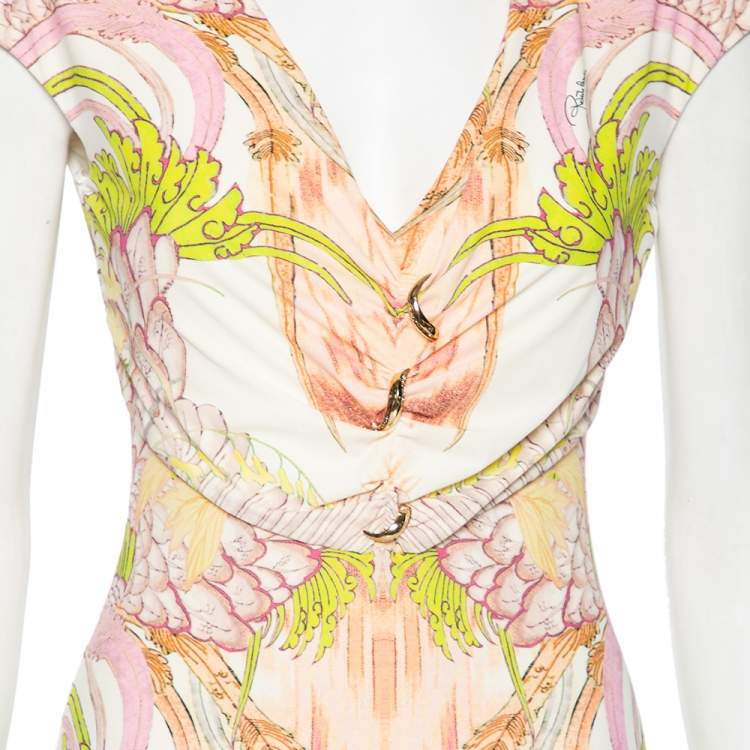 Pre Owned Roberto Cavalli Multicolored Printed Jersey Ruched Detail Maxi Dress M