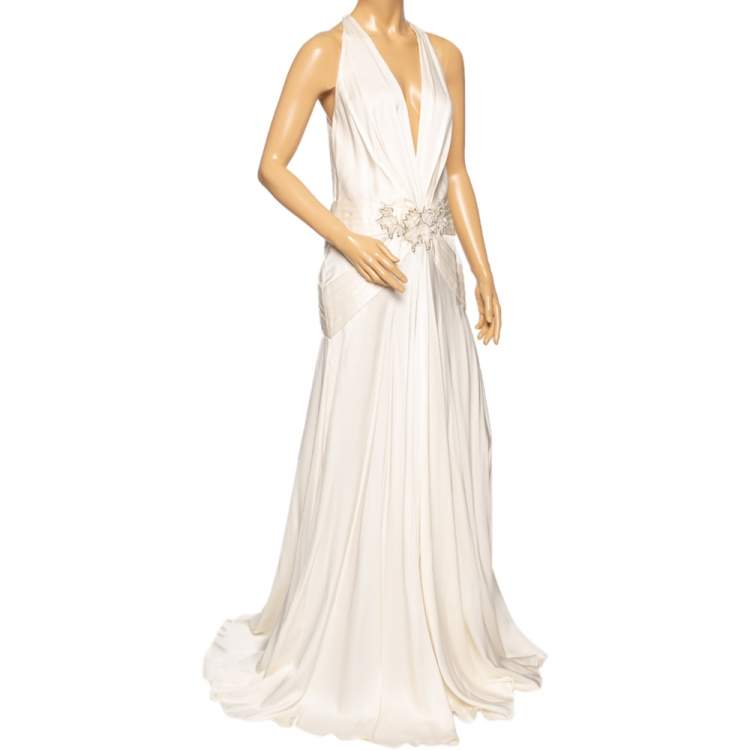 Pre Owned Roberto Cavalli Cream Silk Embellished Detail Pleated Gown M
