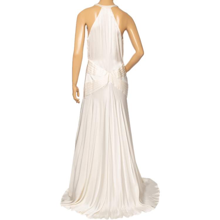 Pre Owned Roberto Cavalli Cream Silk Embellished Detail Pleated Gown M