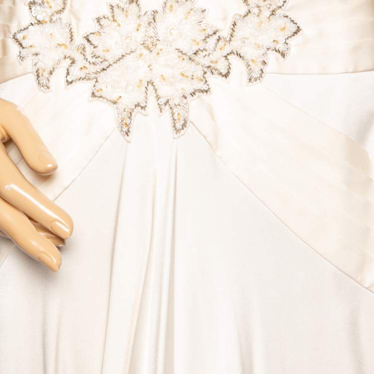 Pre Owned Roberto Cavalli Cream Silk Embellished Detail Pleated Gown M
