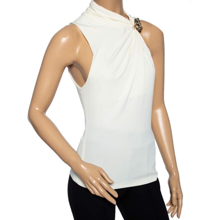 مملوكة مسبقًا Roberto Cavalli Cream Jersey Ruched Detail Sleeveless Top M