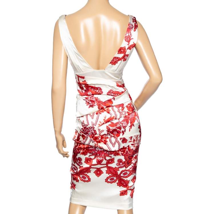 Pre Owned Roberto Cavalli Cream Printed Satin Tiered Sleeveless Dress S
