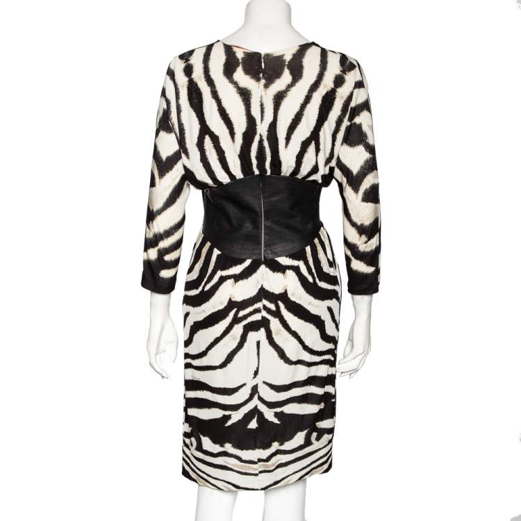 Pre Owned Roberto Cavalli Monochrome Printed Jersey & Leather Detailed Draped Dress S