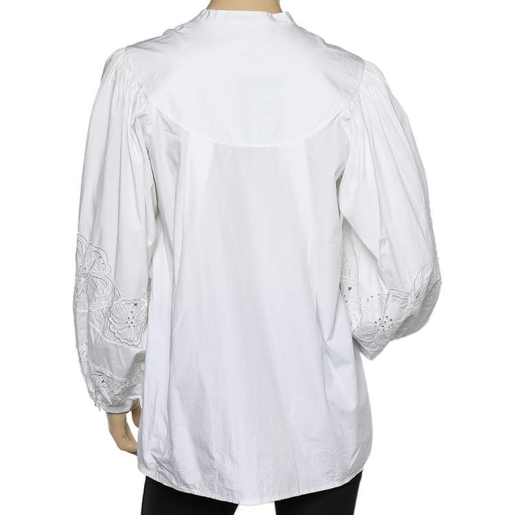 مملوكة مسبقًا Roberto Cavalli White Cotton Floral Embroidery Detail Shirt M