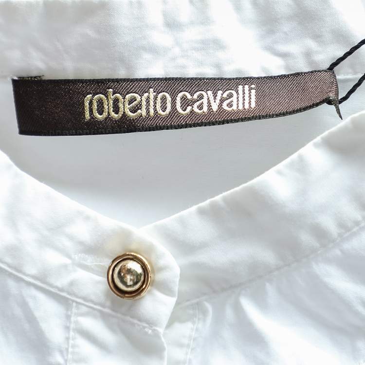 مملوكة مسبقًا Roberto Cavalli White Cotton Floral Embroidery Detail Shirt M