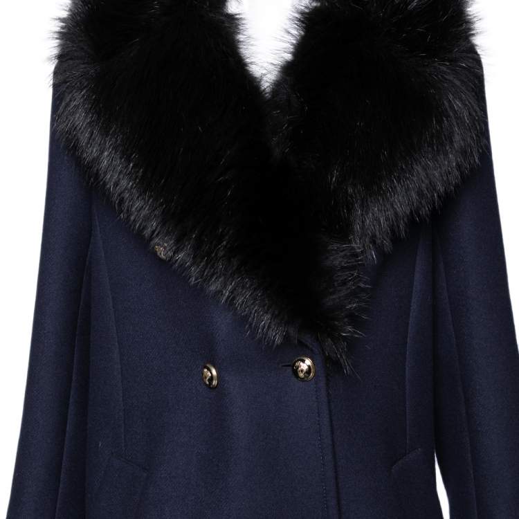 Pre Owned Roberto Cavalli Navy Blue Wool & Fur Trimmed Double Breasted Coat M