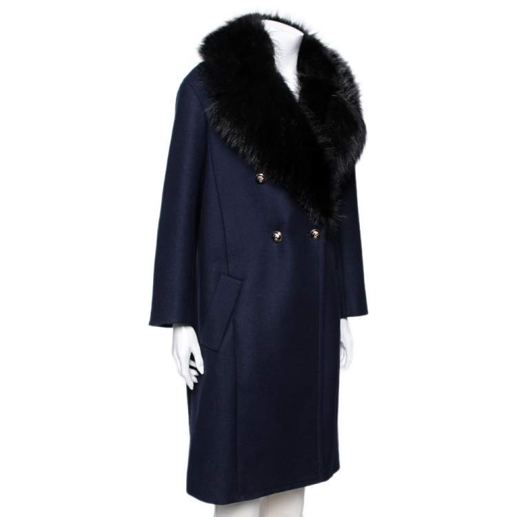 Pre Owned Roberto Cavalli Navy Blue Wool & Fur Trimmed Double Breasted Coat M