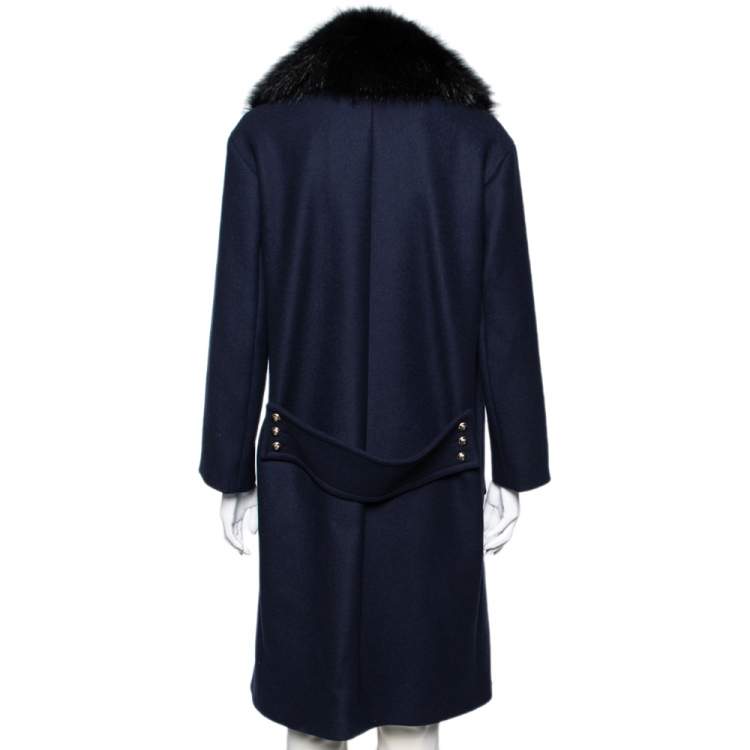 Pre Owned Roberto Cavalli Navy Blue Wool & Fur Trimmed Double Breasted Coat M