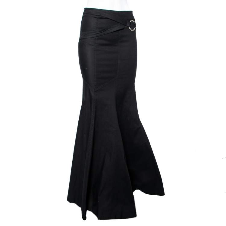 Pre Owned Roberto Cavalli Black Denim Belt Detailed Flared Maxi Skirt S