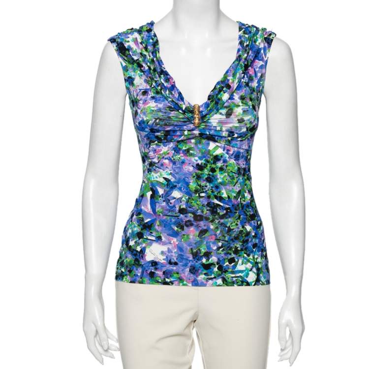 Pre Owned Roberto Cavalli Multicolored Printed Jersey Ruched Sleeveless Top S 