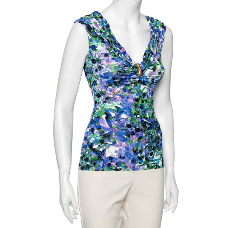 Pre Owned Roberto Cavalli Multicolored Printed Jersey Ruched Sleeveless Top S 