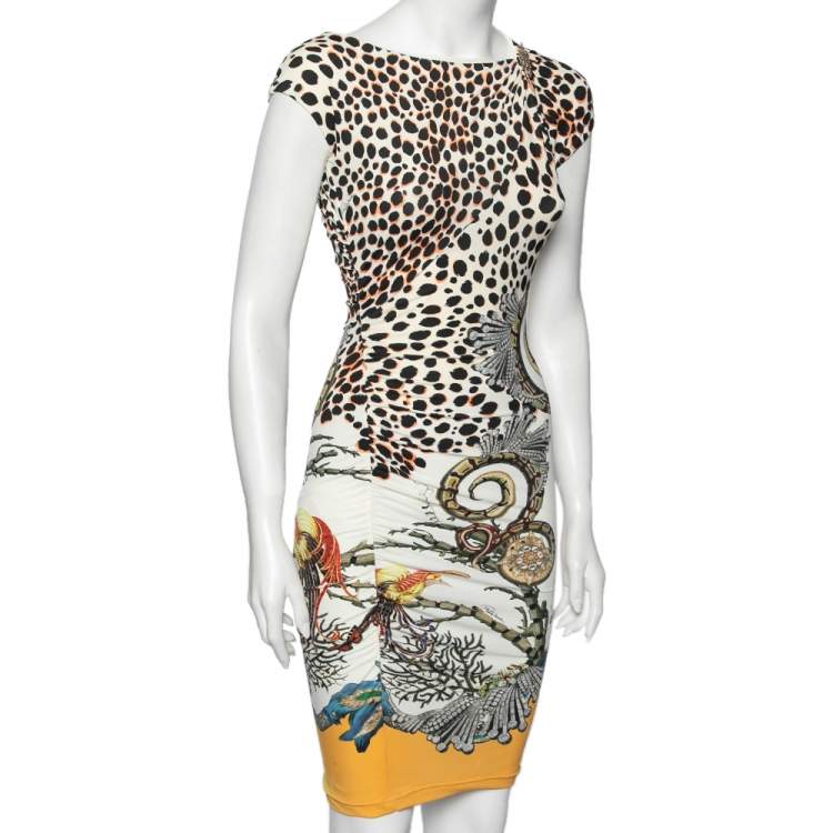 Pre Owned Roberto Cavalli Multicolored Printed Jersey Draped Sleeveless Dress S
