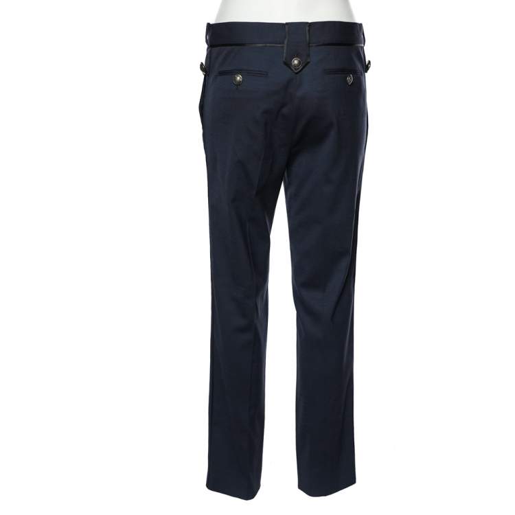 Pre Owned Roberto Cavalli Navy Blue Wool Contrast Trim Detail Pants M
