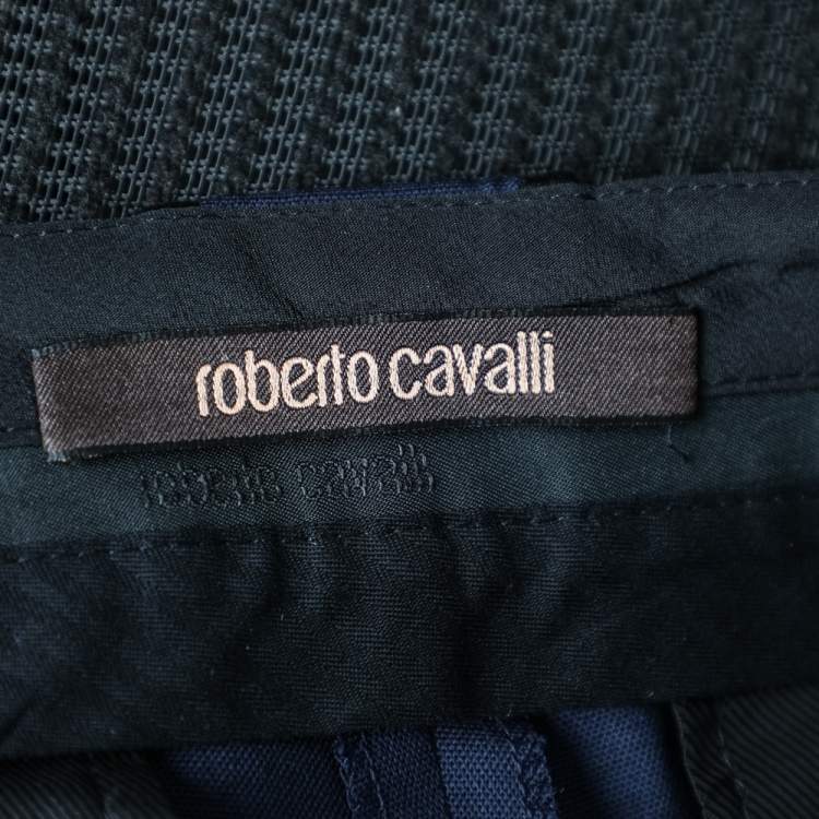 Pre Owned Roberto Cavalli Navy Blue Wool Contrast Trim Detail Pants M