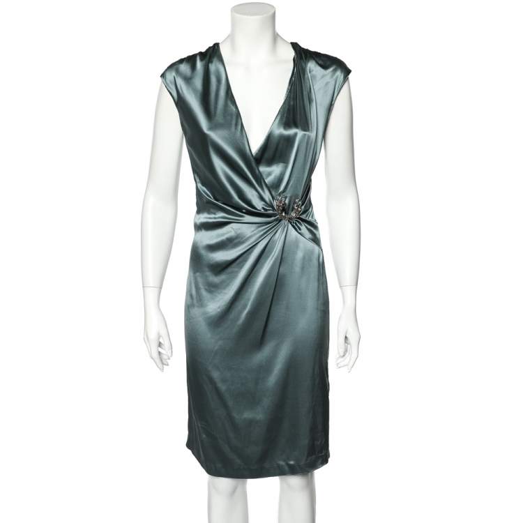 مملوكة مسبقًا Roberto Cavalli Grey Silk Satin Draped Midi Dress M